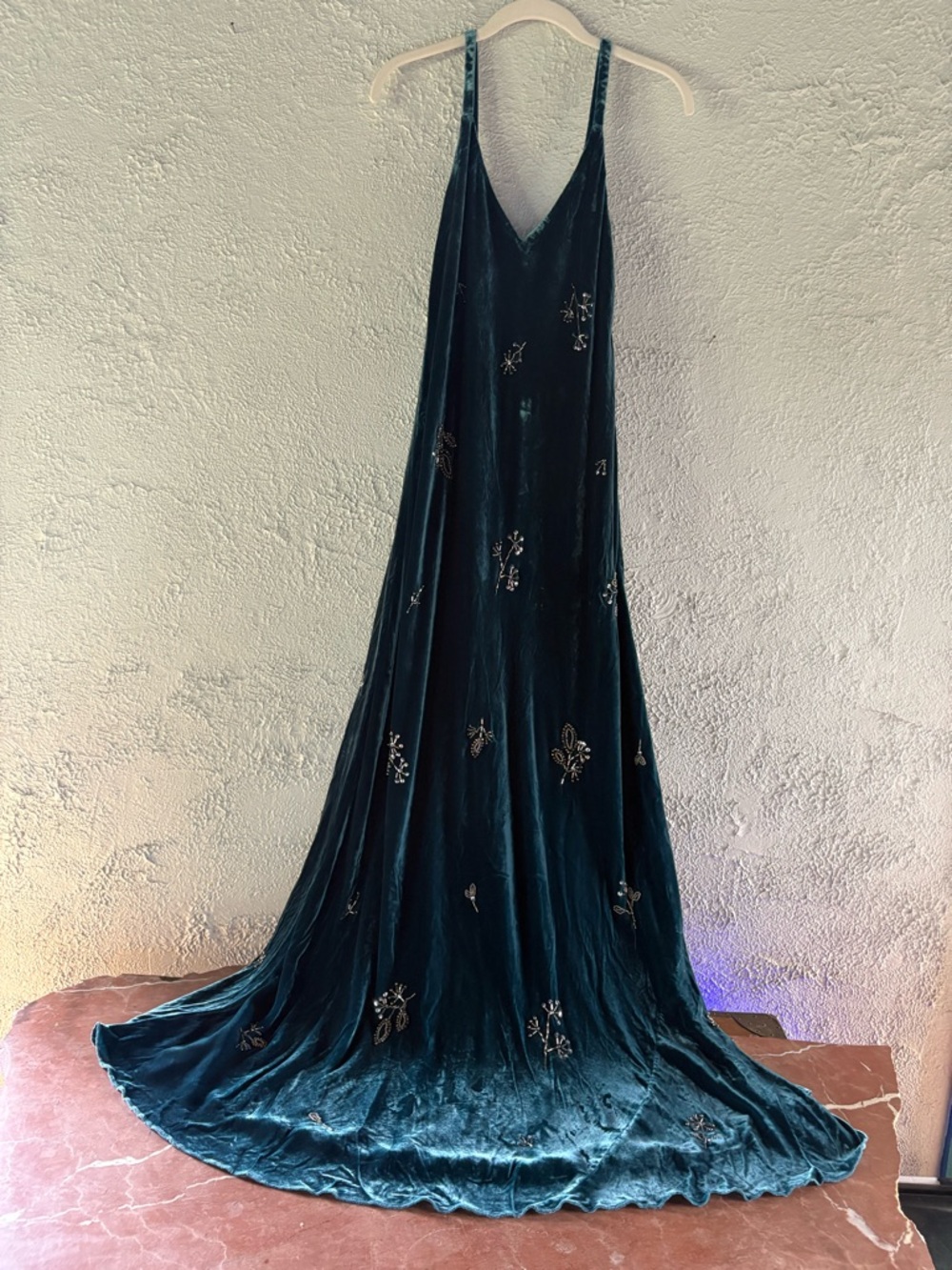 Johnny Was Teal Velvet Beaded Slip Gown